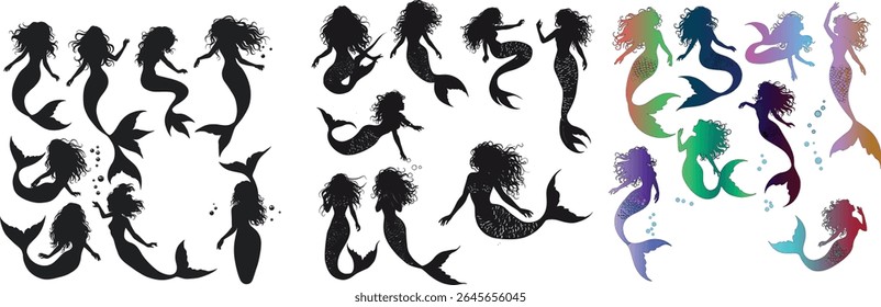A Collection of Whimsical Mermaid Silhouettes and Colorful Illustrations Undersea Fantasy Art