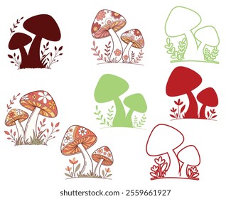 A collection of whimsical mushroom illustrations, featuring detailed floral patterns on the caps of some, and simple silhouettes in various colors.