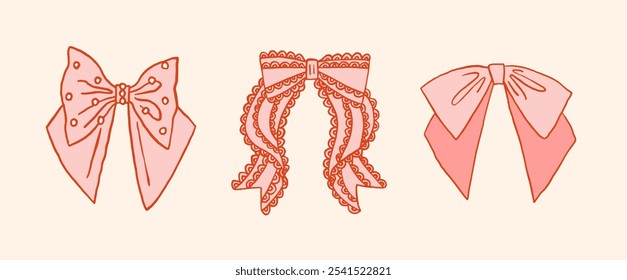 Collection of whimsical ribbon bow in cute girly coquette core style. Set of various bow knot, tie up, gift bow. Beautiful vintage decorative elements. Line art outline doodle hand drawn illustration