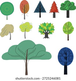Una colección de ilustraciones de árboles caprichosas y estilizadas en varias Formas y colores, perfectas para agregar un toque divertido a cualquier diseño.
