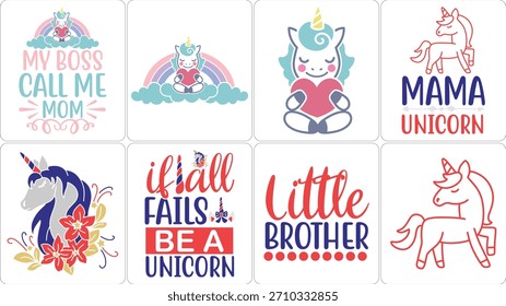 A collection of whimsical unicorn designs featuring inspirational quotes and colorful illustrations, perfect for children and family themes.