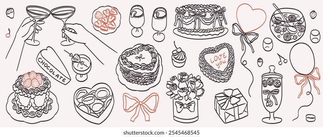 Colección de bodas caprichosas, fiesta de cumpleaños o ilustraciones de arte de línea del día de San Valentín. Elementos de tinta de Antiguas para logotipos, invitaciones, tarjetas, saludos. Pasteles, postres, cócteles y dibujos de vinos.