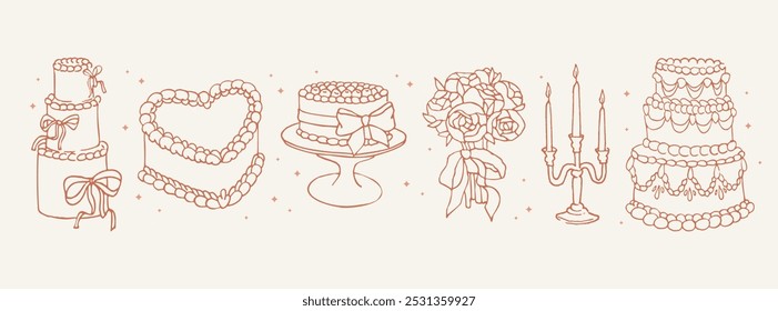 Collection of whimsical wedding line art illustrations. Elegant party hand drawn stickers. Clipart casual scribble. Vintage ink elements for logos, invitations, cards, greetings and more.	