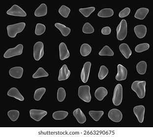 A collection of white 3D wireframe shapes resembling stones and fingerprints stands out against a black background. The abstract composition features smooth curves and geometric precision.