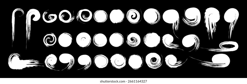 Collection of white abstract circular brush strokes on black background. Ideal for grunge designs, ink swirls, Zen Enso art, or creative brush textures.