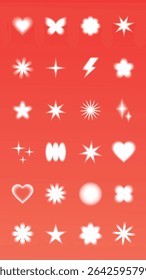 A collection of white, abstract shapes on a red gradient background. Includes stars, hearts, and flowers. Abstract shapes create a playful, dynamic pattern. Cute glowing element set vector.
