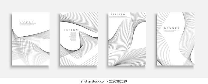 Collection of white abstract striped covers, templates, backgrounds, placards, brochures, banners, flyers and etc. Stylish minimalistic posters - digital design. Curve black lines print.