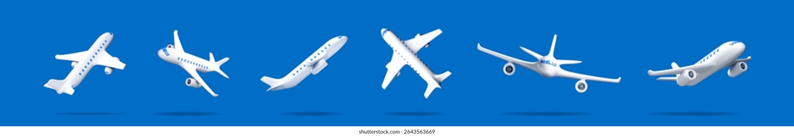 A collection of white airplanes with blue windows flying in different positions on blue background. 3d stock vector travel set.
