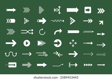 Collection of white arrow icons on a green background. Various arrow designs include straight, curved, and zigzag. Arrows pointing in multiple directions. Element vector set.