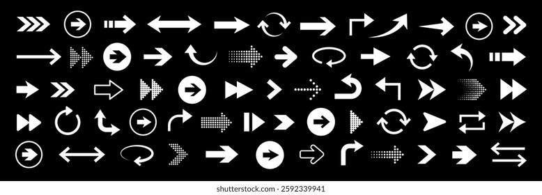 Collection of white arrow icons on a black background. Various arrow designs, including curved, straight, and circular arrows. Directional symbols in rows. Element vector set.