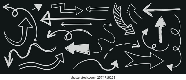 A collection of white arrows on a black background. Various arrow styles include curved, straight, and dashed. Arrows pointing in multiple directions. Hand drawn doodles element set. Vectors.