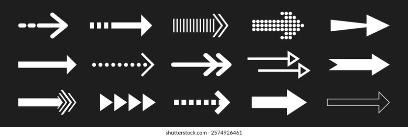 Collection of white arrows on a black background. Various arrow designs include dotted, striped, and solid styles. Arrows pointing in different directions. Element vector set.