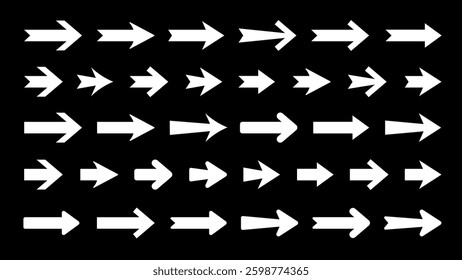 Collection of white arrows on a black background. Various arrow designs in rows. Arrows pointing right. Simple arrow shapes for design. Arrows in multiple styles. Element vector set.