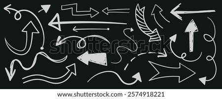 A collection of white arrows on a black background. Various arrow styles include curved, straight, and dashed. Arrows pointing in multiple directions. Hand drawn doodles element set. Vectors.