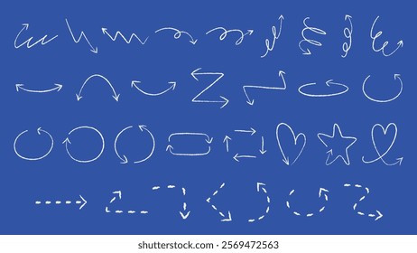 Collection of white arrows on a blue background. Arrows in various shapes: curved, zigzag, spiral. Arrows for direction, movement, navigation. Arrows in white. Element vector set.