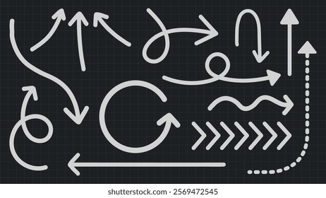 A collection of white arrows on a dark grid background. Various arrow styles include curved, straight, and dashed. Arrows pointing in multiple directions. Hand drawn element vector set.