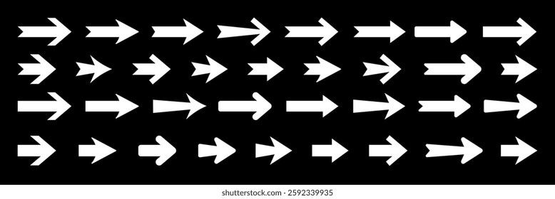 A collection of white arrows pointing right on a black background. Various arrow designs create a dynamic pattern. Arrows symbolize direction and movement. Element vector set.