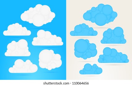 Collection of white artistic clouds on white and blue background. Shadows are transparent, 10 EPS