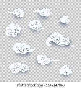Collection of white asian clouds. Set of paper cut cartoon clouds in traditional chinese style. Vector illustration for design elements for branding decoration, background, cover, poster