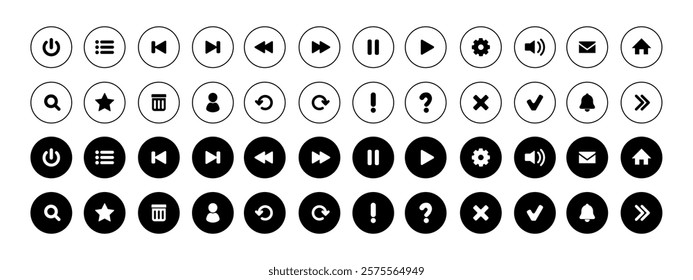 Collection of white and black buttons for mobile application, web development, casual games, ui kit design. Vector isolated icon set