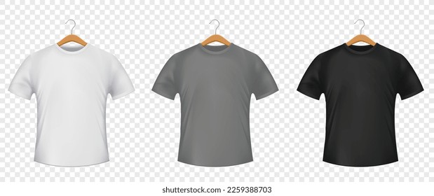 Collection of white, black and gray tshirts. Mockups isolated on transparent background. Vector template.