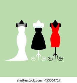 Collection of white, black and red dresses - stock vector illustration. Clothing shop, flat style.