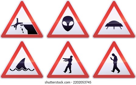 Collection of white, black and red triangular warning signs of atypical dangers, such as falling off a cliff, aliens, flying saucers, shark attacks, zombies and smombies (metal reflection)