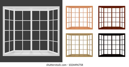 Collection of white, black, wooden Windows. Bay window frame system. Vector illustration isolated on white, grey background.