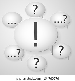 collection of white blank clear speech bubbles with exclamation mark, question mark and three dots
