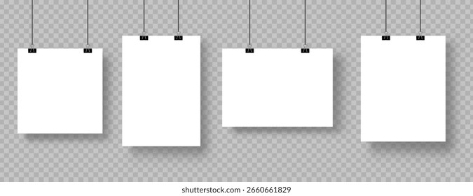coleção de cartazes brancos em branco pendurados em encadernados pretos, folha de papel em proporção diferente, maquete de galeria realista.