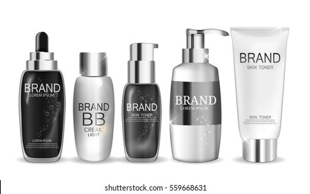 Colección de plantilla de botellas blancas para anuncios o fondo de revista. Ilustración de vectores realistas 3D. EPS10