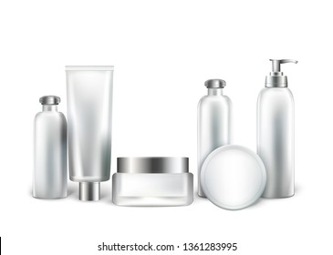 Collection of White Bottles and Tubes for Cosmetics. Containers for Beauty Products, Shampoo, Oil, Cream, Liquid Soap. Skincare Packaging Isolated on White Background. 3D Vector Realistic Illustration