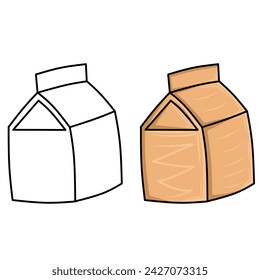 A collection of white and brown milk box designs, with thin black and white lines. Isolated on white background, vector illustration