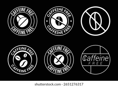 Coleção de ícones e símbolos livres de cafeína branca em um fundo preto