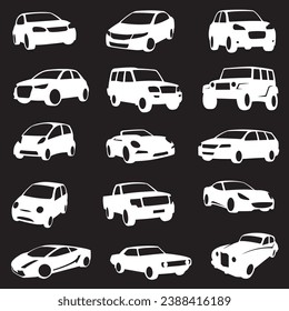 collection of white cars silhouettes isolated on black background