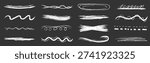 Collection of white chalk brush strokes swirls scribbles and underline elements isolated on dark background ideal for highlighting emphasis decoration and creative design projects.