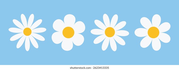 Una colección de Ilustraciones vectoriales de manzanilla blanca y flor de margarita en diferentes estilos. Este conjunto cuenta con lindas cabezas de flores redondas y diseño de pétalos orgánicos abstractos. Conjunto de iconos de flores de manzanilla.