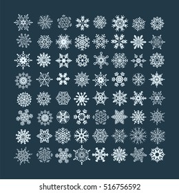 Collection of white christmas snowflakes in different shape on blue background