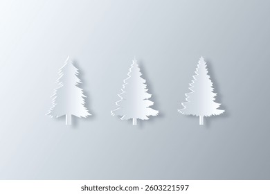 collection of white christmas tree icons made in papercut style with shadows and highlights