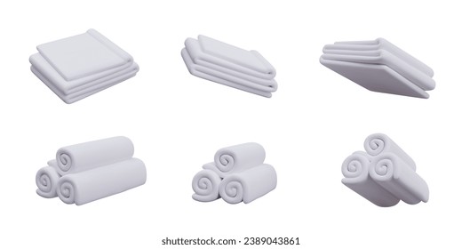 Colección de toallas limpias blancas en diferentes posiciones. Limpieza, concepto de cuidado corporal. Cosas para el baño. Toallas. Ilustración vectorial en estilo 3d