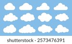 Collection of white cloud icons on a blue background. Various cloud shapes, cloud patterns, and cloud designs. Perfect for weather, sky, and nature themes. Weather illustration, vector set.