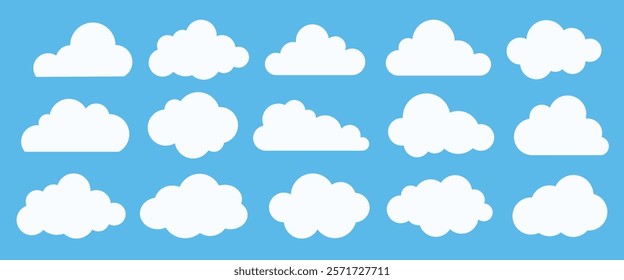 Collection of white cloud icons on a blue background. Various cloud shapes, fluffy and soft. Perfect for weather apps, cloud designs, and sky illustrations. Weather element vector set.