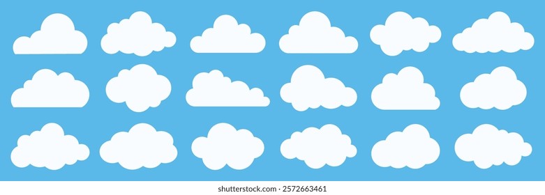 Collection of white cloud icons on a blue background. Various cloud shapes, fluffy clouds, cloud icons, blue sky, simple cloud design. Weather element vector set.