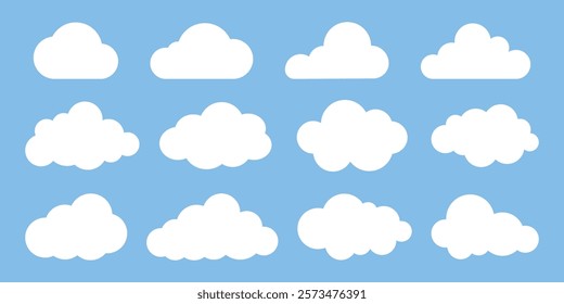 Collection of white cloud icons on a blue background. Various cloud shapes, cloud patterns, and cloud designs. Perfect for weather, sky, and nature themes. Weather illustration, vector set.