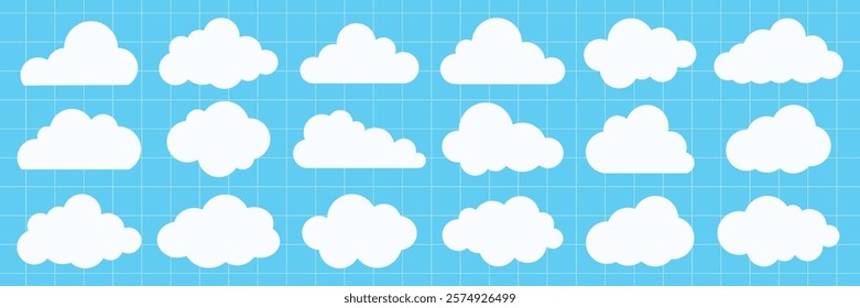 Collection of white cloud icons on a blue grid background. Clouds vary in shape and size. Simple cloud designs on a blue grid. Perfect for weather themes. Weather element vector set.