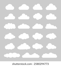 Collection of white cloud icons on a gray background. Cloud icons in various shapes. Simple cloud designs. Minimalist cloud illustrations. Weather illustration, vector set.