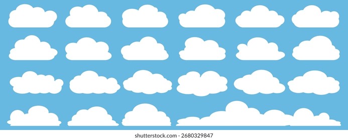 
A collection of white cloud icons on a blue background, cartoon-style cloud designs. White cloud vectors in flat design. Clouds. Sky, cloud, climate, weather, and temperature themes.