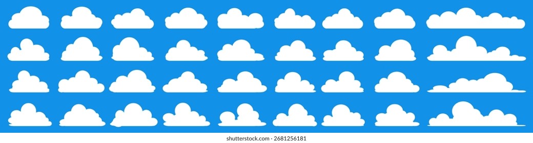 A collection of white cloud icons on a blue background, cartoon-style cloud designs. White cloud vectors in flat design. Clouds. Sky, cloud, climate, weather, and temperature themes.