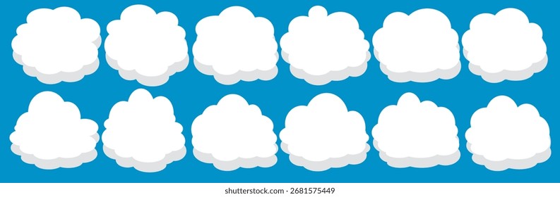 Eine Kollektion weißer Wolkensymbole auf blauem Hintergrund, im Cartoon-Stil gehaltene Wolkendesigns. Weiße Wolkenvektoren im flachen Design. Wolken. Himmel, Wolke, Klima, Wetter und Temperatur Themen.