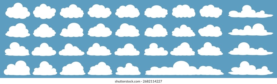 Una colección de iconos de nube blanca sobre un fondo azul, diseños de nube de estilo de dibujos animados. Vectores de nubes blancas en diseño plano. Nubes. Temas de cielo, nubes, clima, Clima y temperatura.